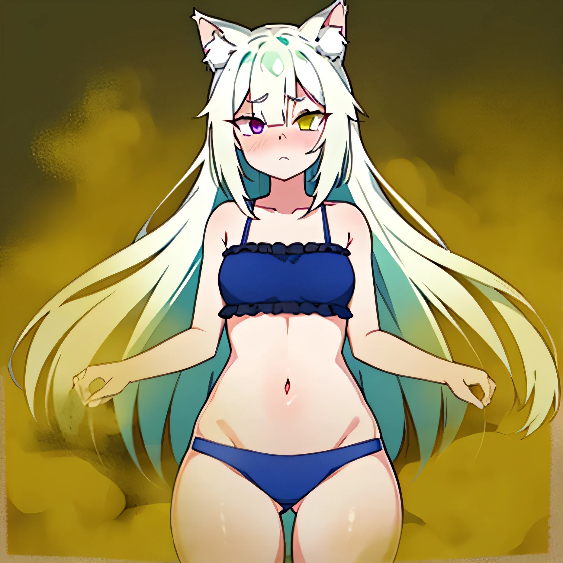 (1catgirl), catgirl cosplay outfit, heterochromatic, different eye colors, ((green right eye, yellow left eye)), (long eyelashes), hypnotized, (white hair), dark gray background, innocent adult catgirl, farting, blue panties