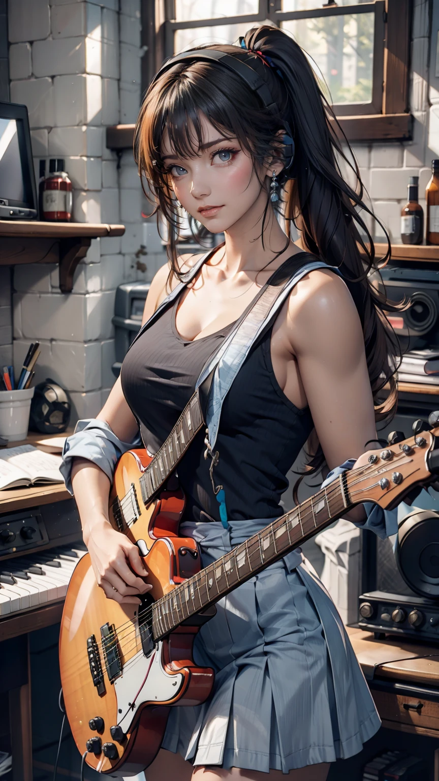 ((masterpiece, Highest quality))One girl, alone, Black Dress, blue eyes, electric guitar, guitar, Headphones, Double Ponytail, Holding, Holding plectrum, musical instrument, Long Hair, music, One side up, Turquoise Hair, Twin tails, guitarを弾く, Pleated skirt, Black Shirt, interior