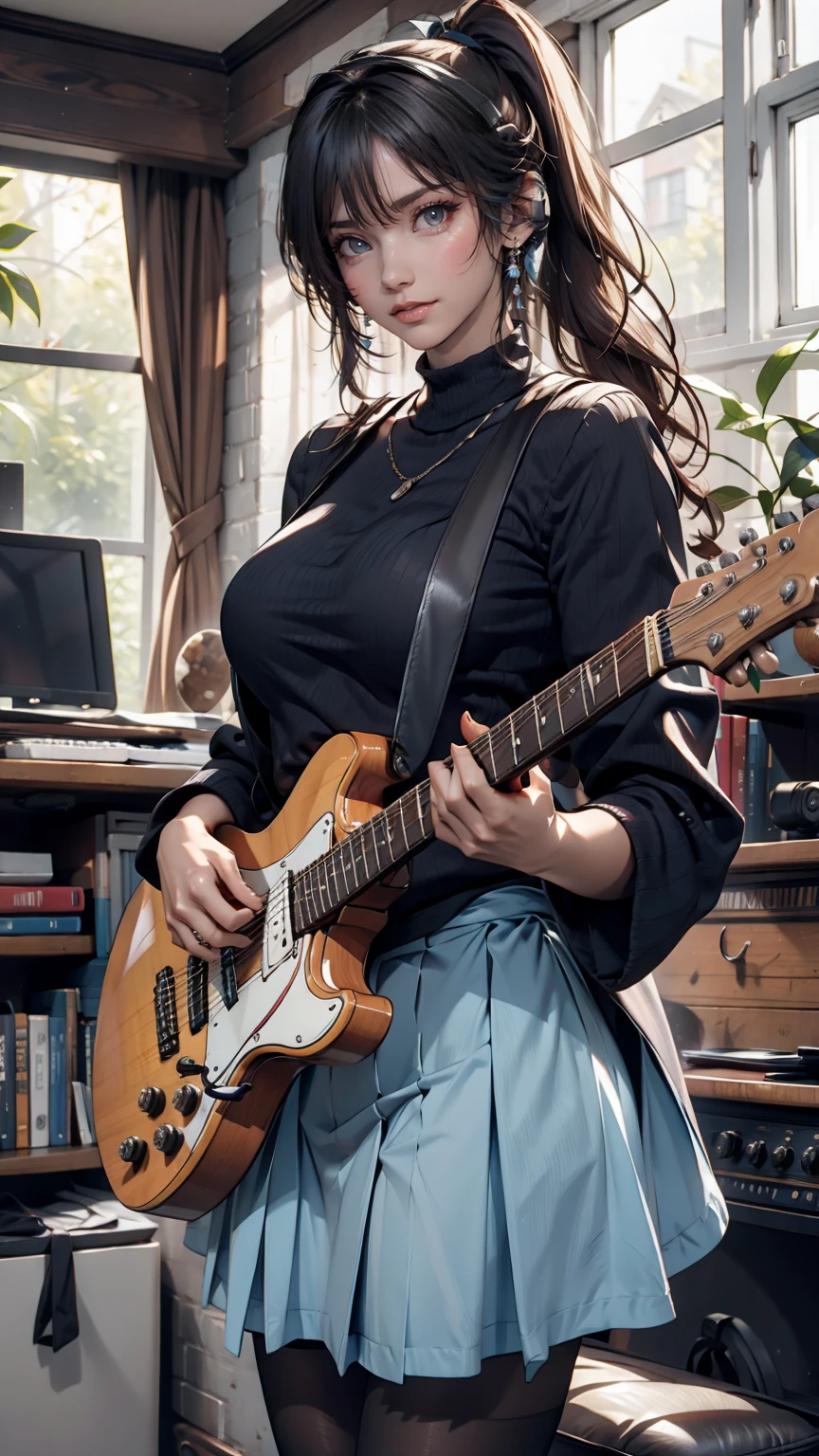 ((masterpiece, Highest quality))One girl, alone, Black Dress, blue eyes, electric guitar, guitar, Headphones, Double Ponytail, Holding, Holding plectrum, musical instrument, Long Hair, music, One side up, Turquoise Hair, Twin tails, guitarを弾く, Pleated skirt, Black Shirt, interior