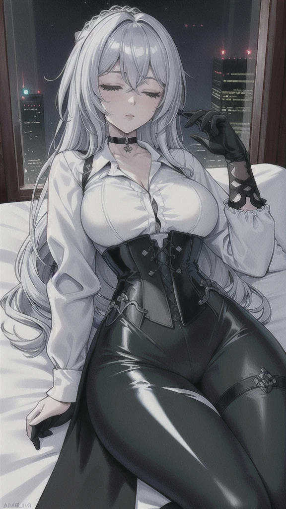 Masterpiece, Beautiful art, professional artist, 8k, art style by sciamano240, rostro de Bronya Zaychik, detailed body, Very detailed face, Closed eyes, Detailed clothing, detailed fabric, Best Quality, better resolution, 1 girl, View from above, lying on a bed, big breasts, sleeping expression, Closed eyes, at night , silver hair, glasses, choker:1.6, (long sleeve white collar buttoned shirt), (shiny black corset), black gloves covering your hands, (shiny black leggings), looking at the viewer, elegant room, at night