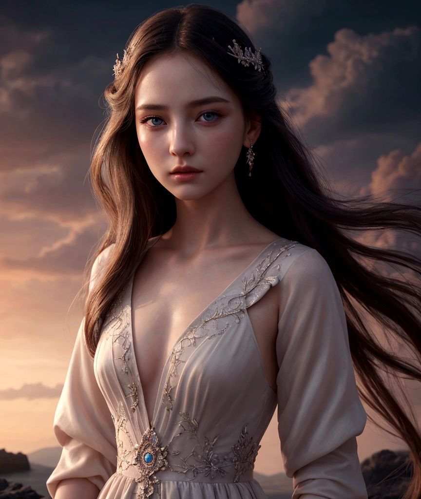 1 girl, cinematic, intricate detailed face, detailed eyes, detailed lips, porcelain skin, flowing hair, elegant dress, serene expression, dramatic lighting, cinematic atmosphere, fantasy landscape, magical realism, vivid colors, high quality, photo-realistic, 8k, full body