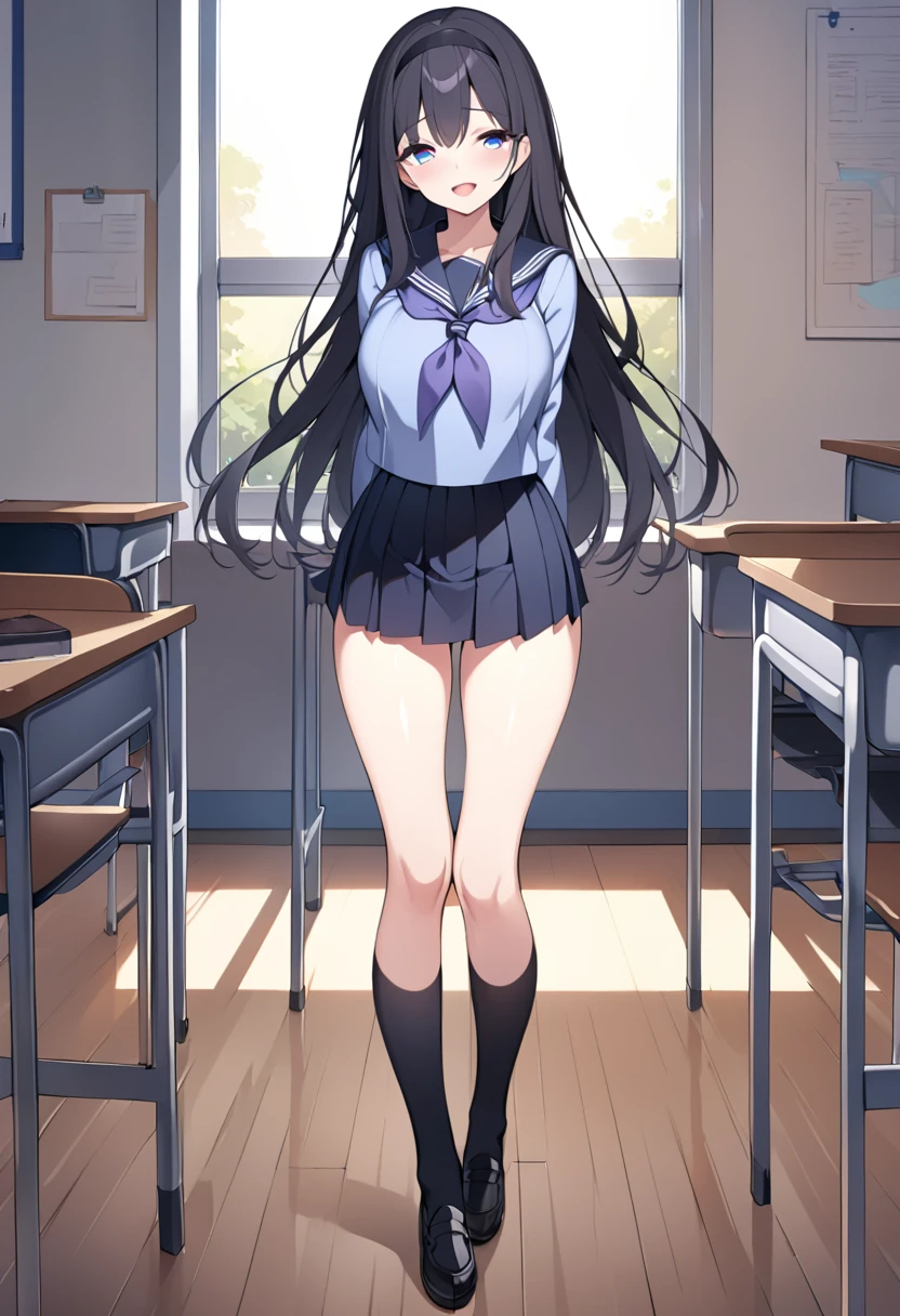 ,akiha,best quality,masterpiece, super fine illustration,1girl,solo,looking at viewer, , sailor collar, serafuku ,blue shirt, long sleeves, purple neckerchief ,blue neckerchief, black skirt, pleated skirt, black socks ,kneehighs, black footwear ,loafers, classroom  ,full body,standing,arms_behind_back,smile,;d,open mouth, large breasts, , perfect face, bangs, black hair, long hair, black hairband, perfect shiny hair, blue eyes, ultra-detailed eyes, iridescent shiny eyes,　nipple