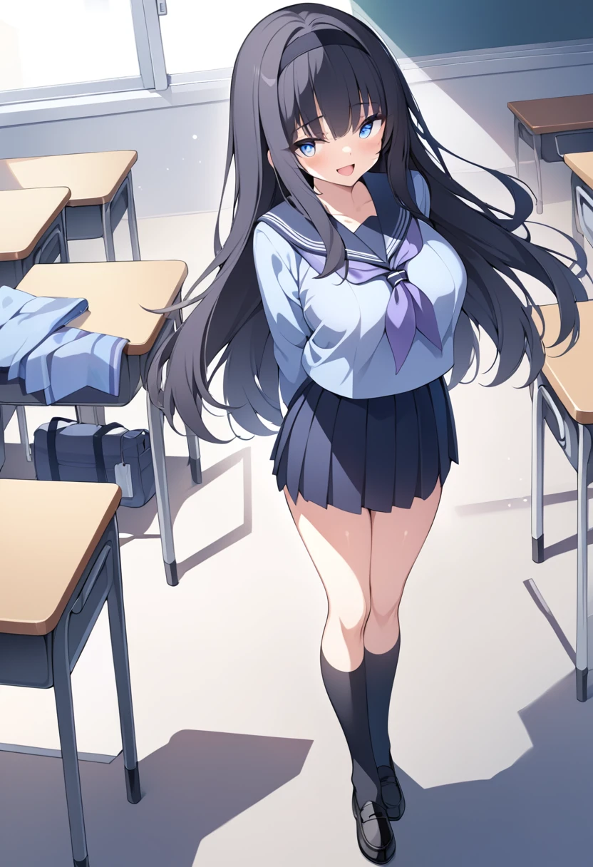 ,akiha,best quality,masterpiece, super fine illustration,1girl,solo,looking at viewer, , sailor collar, serafuku ,blue shirt, long sleeves, purple neckerchief ,blue neckerchief, black skirt, pleated skirt, black socks ,kneehighs, black footwear ,loafers, classroom  ,full body,standing,arms_behind_back,smile,;d,open mouth, large breasts, , perfect face, bangs, black hair, long hair, black hairband, perfect shiny hair, blue eyes, ultra-detailed eyes, iridescent shiny eyes,　nipple