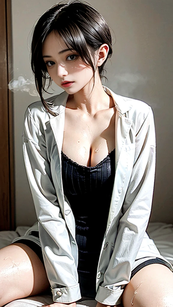 1girl in, POV, 1boy, between breasts, , Sweat, cleavage, , , Room, full of sweat, Large breasts, motion line, motion-blur, Warm summer, white shirt,Precise features and delicate expressions,huge breasts are wet,Very beautiful woman,、((trembling))、(Slim and thick ),Toned body、Composition of the whole body、Perfect human body、(((Sweat,steam, Oil,gleaming skin、realistic skin textures、Detailed beautiful skin、Shiny skin、shiny white skin)))、Boy's room、Study guidance by a private tutor、reward、darkened room、Studying、((Vertical ribbed sweater dress with open neckline)), Holding a red pen、Spread your legs in front of you、Embarrassing and embarrassed face、astonished face、wearing lab coat、science women、flask、beaker microscope、science books、Woman straddling a man
