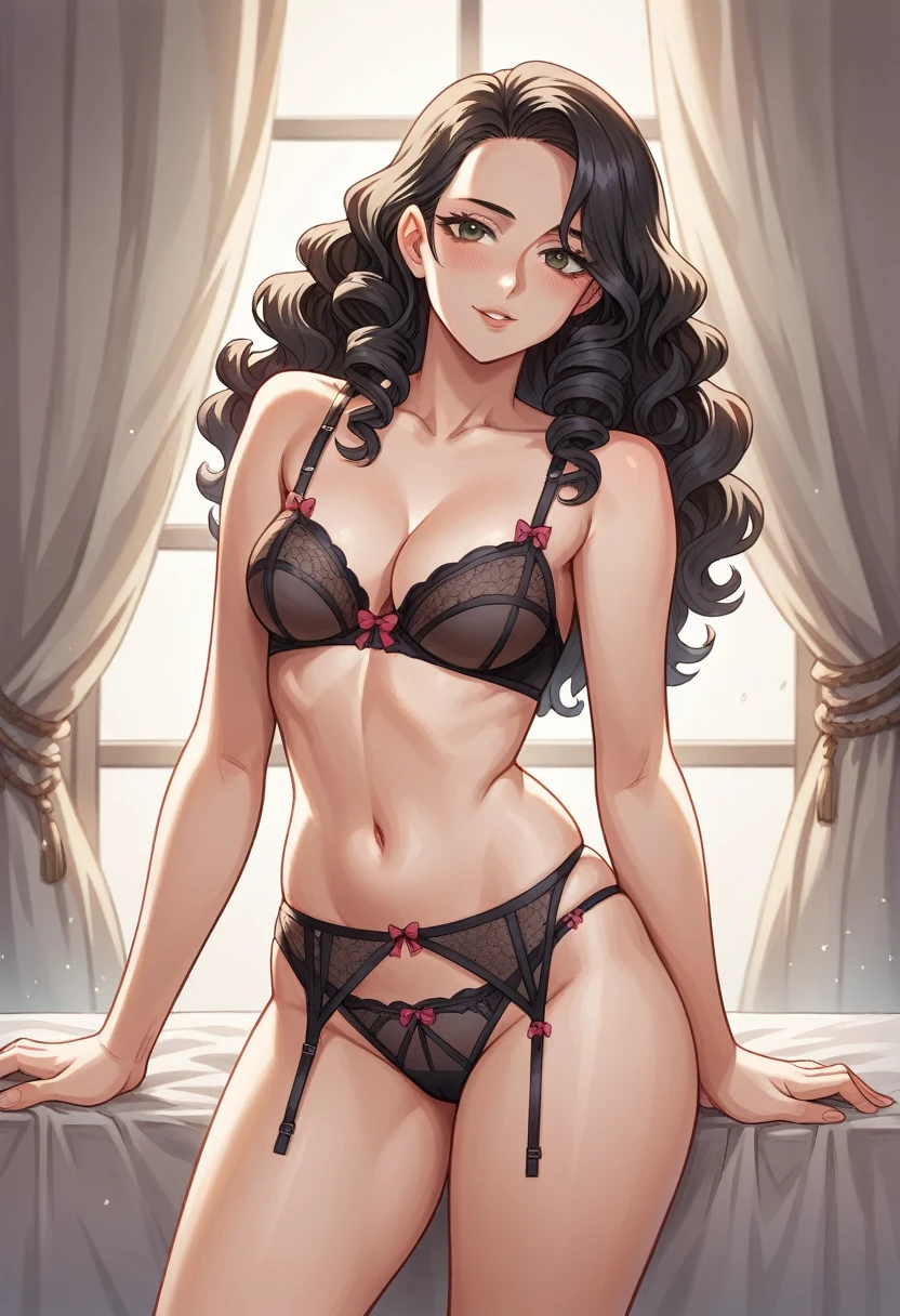 beautiful sexy black woman in black lingerie posing for a photo, lingerie beauty, Sexy lingerie, lingerie, inverted triangle body type, sexy girl, mulher de corpo inteiro, vestindo Sexy lingerie, beautiful seductive woman, curly hair, hourglass figure, cartoon vector style, corpo pin-up, Broad Hips