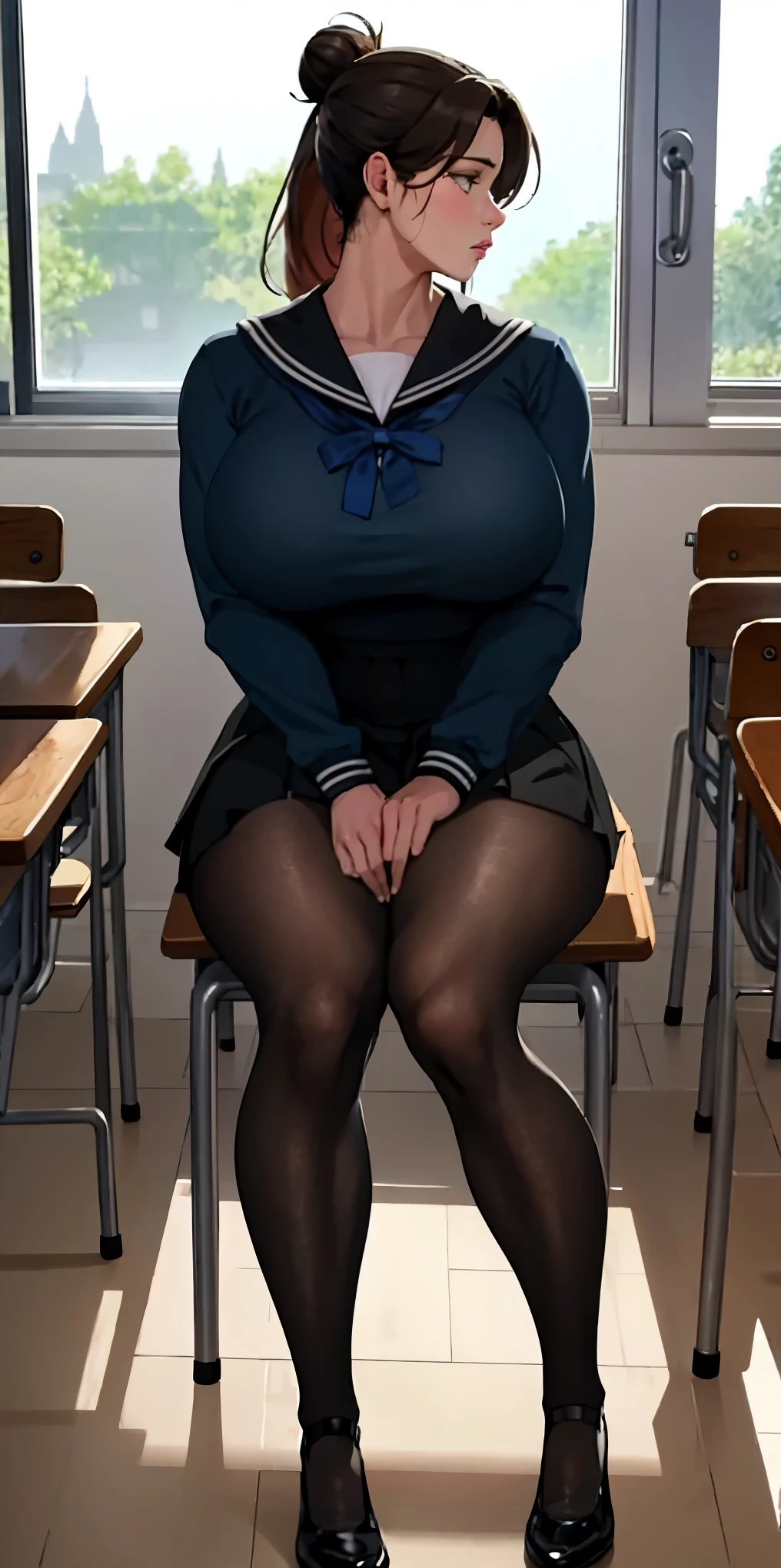 Model: AuntJune, auntjunev2

Hair: brown hair, hair bun, bangs, messy hair, ponytail, long hair

Body: mature female, large breasts, lips, looking away

Clothing: black pantyhose, black serafuku, skirt, sailor collar, jacket, school bag

Scene: classroom, indoors, window, desk, school chair, chair, sitting, solo

Lighting: cinematic lighting

Focus: sharp focus