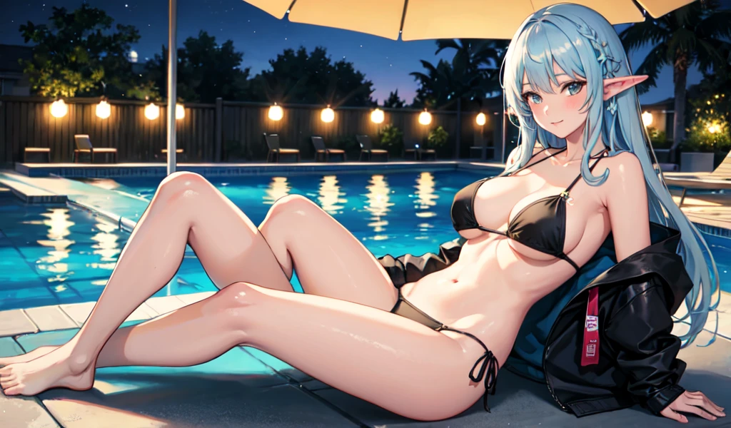 ((Highest quality)), ((masterpiece)), (detailed), sexy,An elven woman relaxing under a pool umbrella,She is wearing a hoodie over her bikini,Pool at night