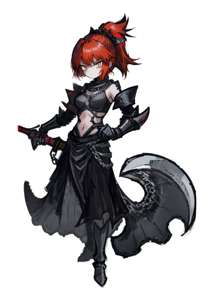 1girl, orenge eyes, red hair, chain mail, ponytail, nice clothes, (high resolution, high detail, best quality),
black background, angry, axe