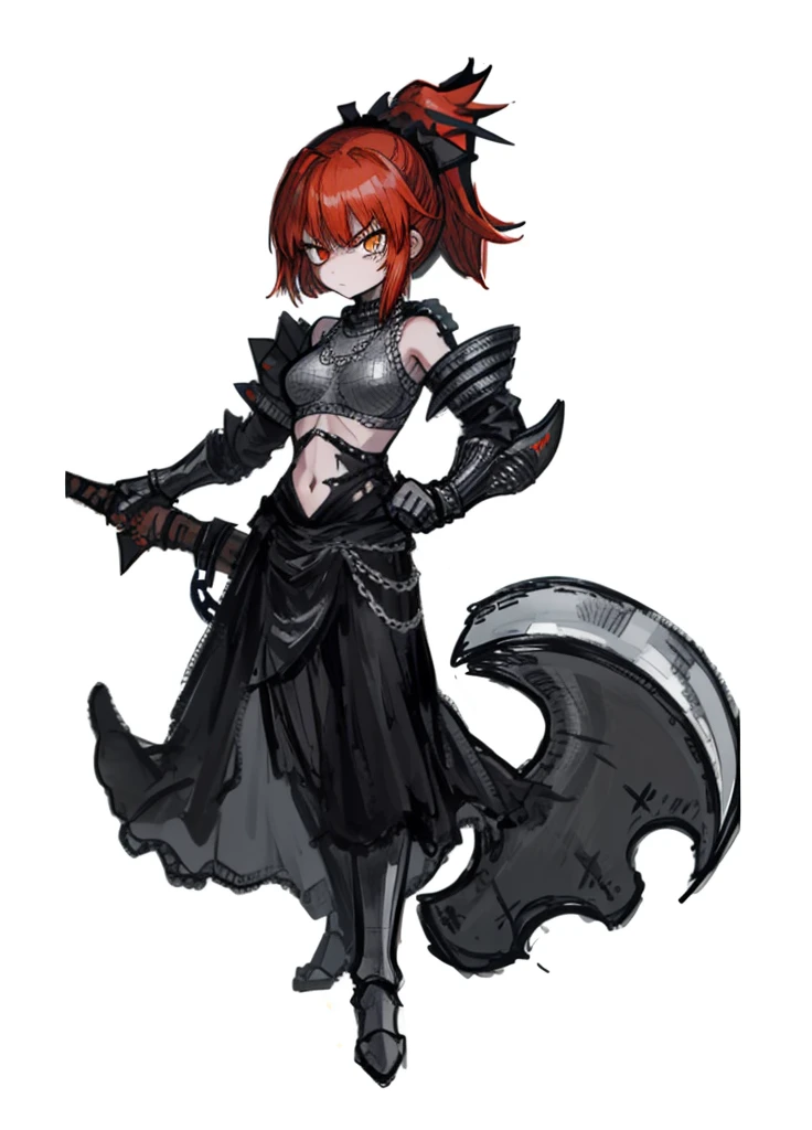 1girl, orenge eyes, red hair, chain mail, ponytail, nice clothes, (high resolution, high detail, best quality),
black background, angry, axe