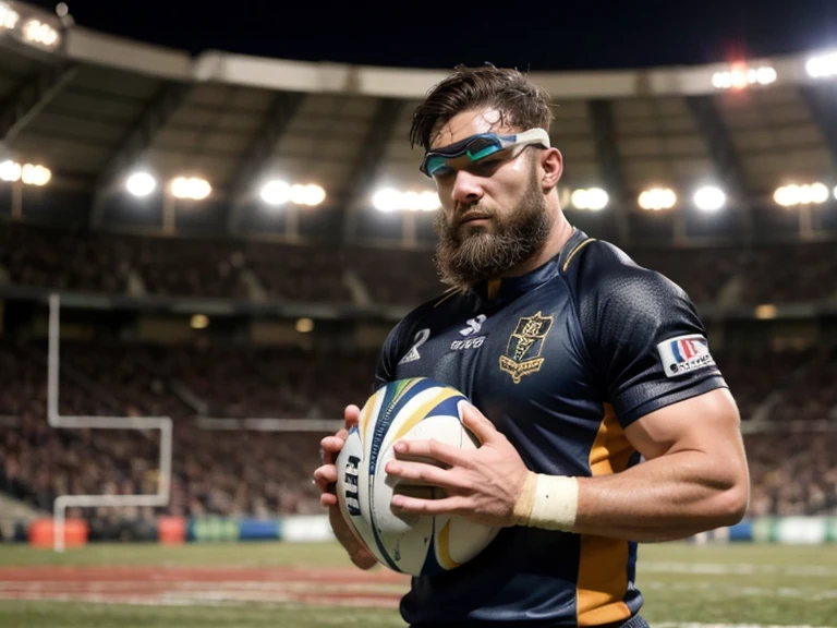 1male, solo, (yossan), Ultra-high resolution,beard, (Sports Goggles), (Rugby Player), (Rugby ball), uniform, headgear, Gloves, Ground, Stadium, game, Tackle, try, dash, Sweat, mud, Energetic, Powerful, illumination, audience, Applause, exciting, intense,
game中にdashしている選手。Tackleを受ける瞬間やtryを決める瞬間をキャプチャ。背景にはaudience席やStadiumのライトが映える。
,Motion blur effect、スポッtryトを強調して選手に焦点を当てる。