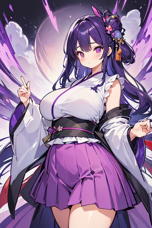 1 girl, alone, (Masterpiece, Top Quality, Top Resolution, Clear _Image, Detailed Description) Cute Japanese lady, purple eyes, huge tits, huge ass, thick thighs, Vibrant, Purple-based kimono style, Classy skirt, clothes mysterious vibrant purple aura