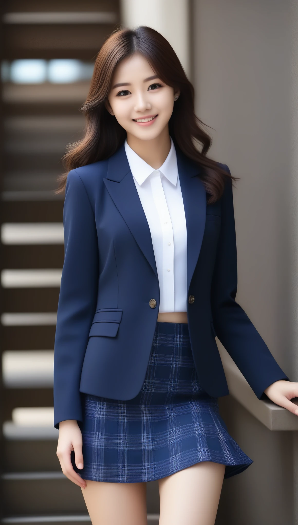 8K, Ultra-high resolution, Highest quality, masterpiece, 三分割法によるphotograph,Surreal, photograph, 1 Girl, (16 years old:1.3), pretty girl, Cute face, Beautiful eyes in every detail, 細かくdetailedに,masterpiece,, One Girl:1.2, Japan Female Announcer、Cowboy Shot,((very small head:1.3)),Center-parted bangs,amount,Black Hair,Long Hair,Iris,Gorgeous eyes,smile,((Toned body,Slender body,skinny)),(school uniform、Dark blue blazer jacket、Navy blue tie、Grey plaid pleated mini skirt),Beautiful leg line beauty,Captivating thighs,Glowing Skin,Shiny skin,Climbing the stairs,Fire escape in a building,Full of sex appeal,Sensual,屈託のないsmile,Heal the heart,Low - Angle、beauty,Long neck、Laugh a little、Please close your mouth and laugh、(((Ideal body type))),A cup small breasts :2,、Portraiture:2、Perfect Anatomy、鮮明なdetailed、detailed、Surreal、Light and shadow,Strong light