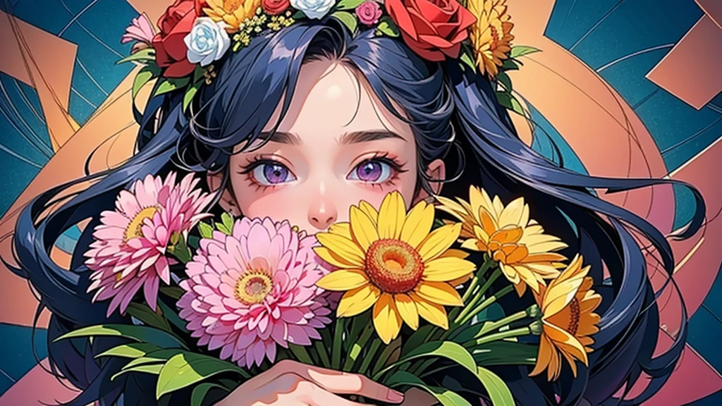 (ultra-Detailed Background, Detailed Background), Absurd, High resolution, Super detailed, Very detailed, One girl, (bouquet:1.3), (Tangled:1.2), (Geometric:1.2),(colorful),