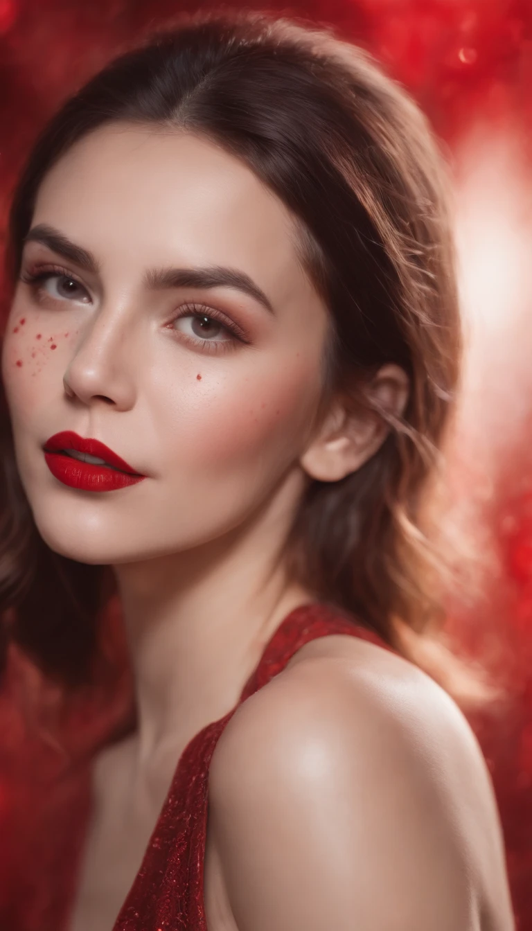 The image is a digital illustration of a woman with red lips and red splattered background.