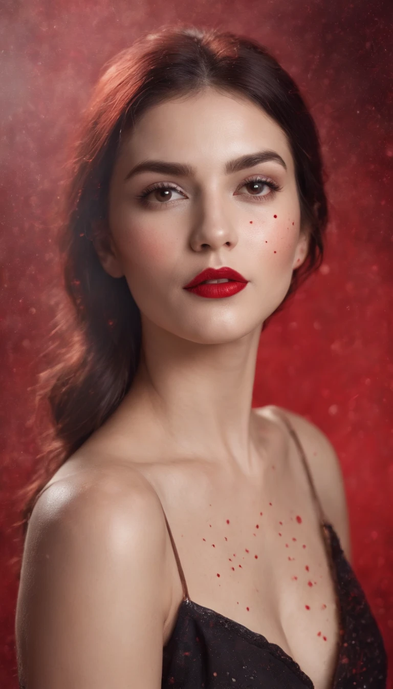  The image is a digital illustration of a woman with red lips and red splattered background.