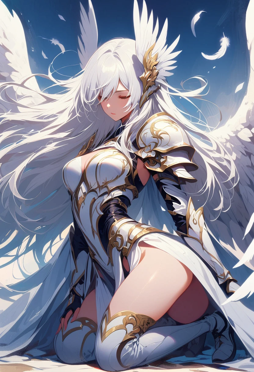 1girl angel angel_wings armor feathers_Long wing feathers_Hair Shoulder Armor Shoulder_Armor single piece_Upper wing separation_The body is white_Theme White_Wings Wings