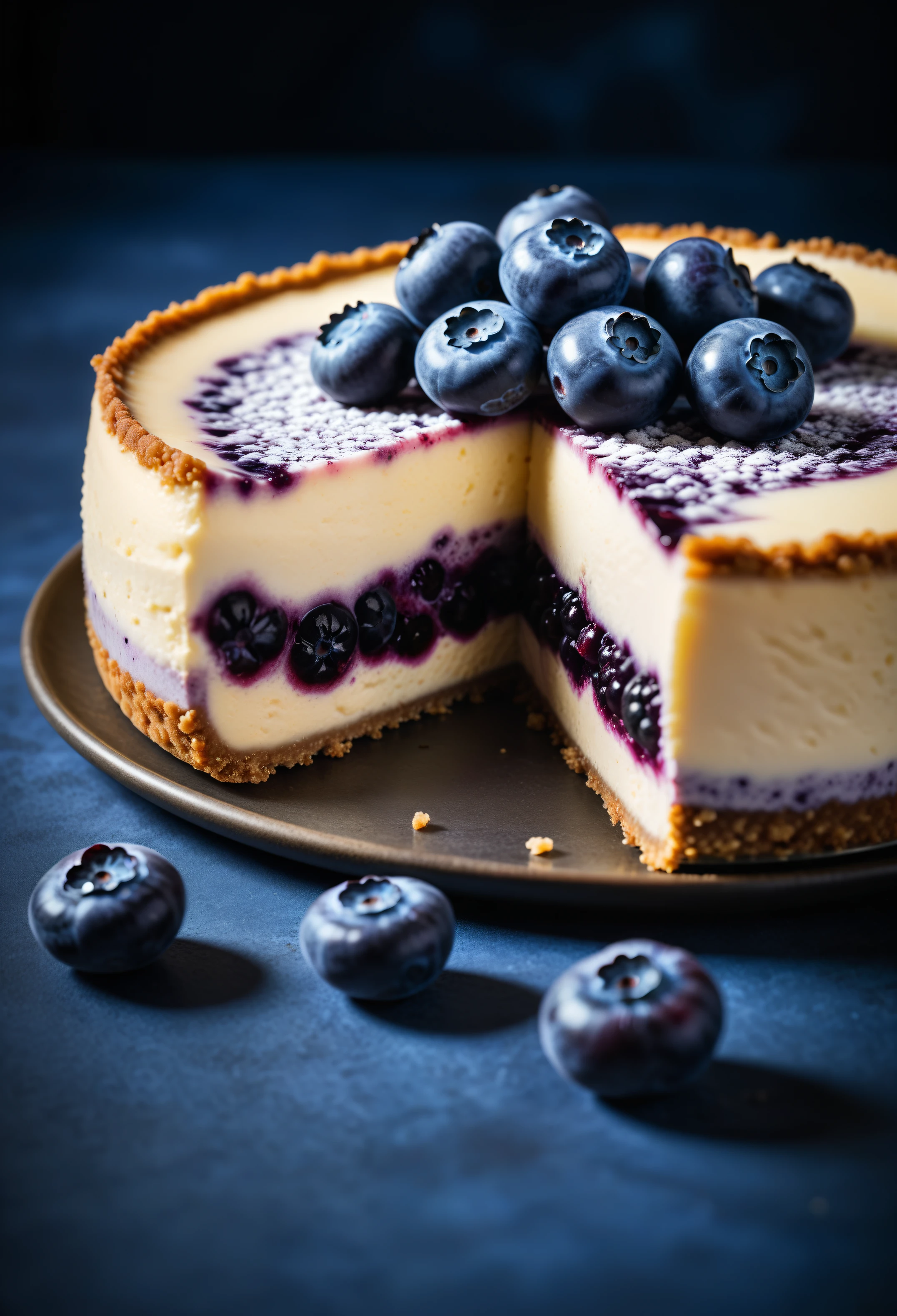 Documentary RAW Photography,a Blueberry Cheesecake, highlighting its exquisite, lacy texture and impeccable balance. The composition should evoke an irresistible urge to taste, with every detail crafted to inspire both amateur and seasoned cooks, (sharpness in detail:1.1), masterpiece, 35mm photograph, (iconic photograph:1.4), (visual storytelling:1.2), film grain, award winning photography,vibrant use of light and shadow, high quality textures of materials, volumetric textures perfect composition, dynamic play of light, rich colors, epic shot, perfectly quality, natural textures,high detail, photoshadow, (natural colors, correct white balance, color correction, dehaze),(intricate detailed), 8k