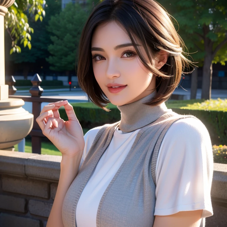 a beautiful young woman in a casual outfit, short hair, detailed face, alluring eyes, full lips, large bust, turtle neck t-shirt, gray vest, outdoor date setting, soft lighting, warm colors, photorealistic, 8k, cinematic, beautiful detailed eyes, beautiful detailed lips, extremely detailed face and eyes, long eyelashes, intricate clothing textures, elegant posing, warm smile, romantic atmosphere