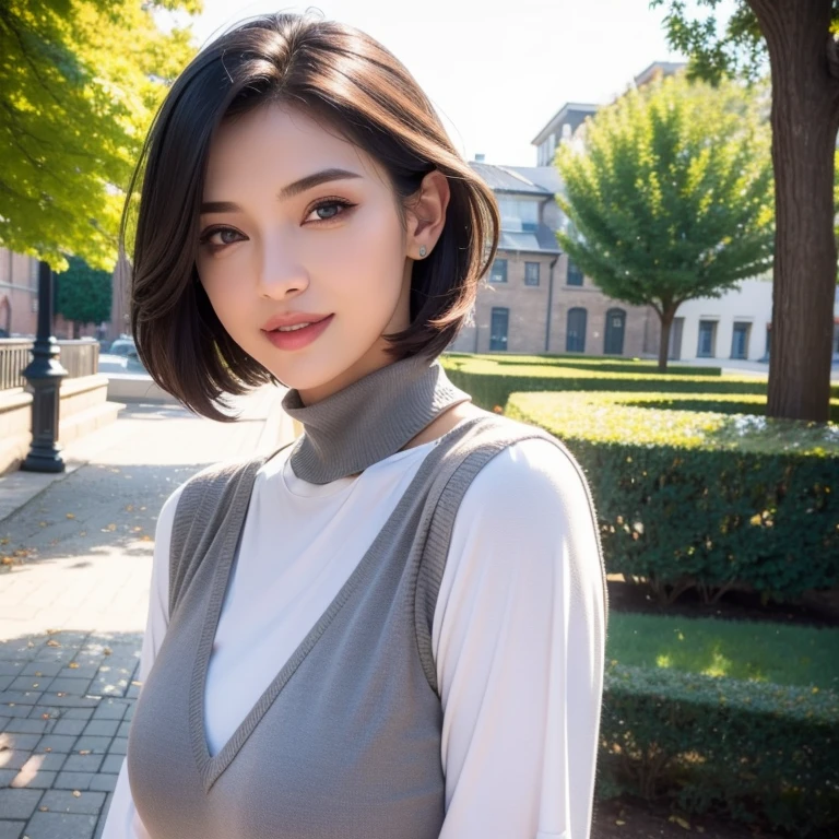 a beautiful young woman in a casual outfit, short hair, detailed face, alluring eyes, full lips, large bust, turtle neck t-shirt, gray vest, outdoor date setting, soft lighting, warm colors, photorealistic, 8k, cinematic, beautiful detailed eyes, beautiful detailed lips, extremely detailed face and eyes, long eyelashes, intricate clothing textures, elegant posing, warm smile, romantic atmosphere