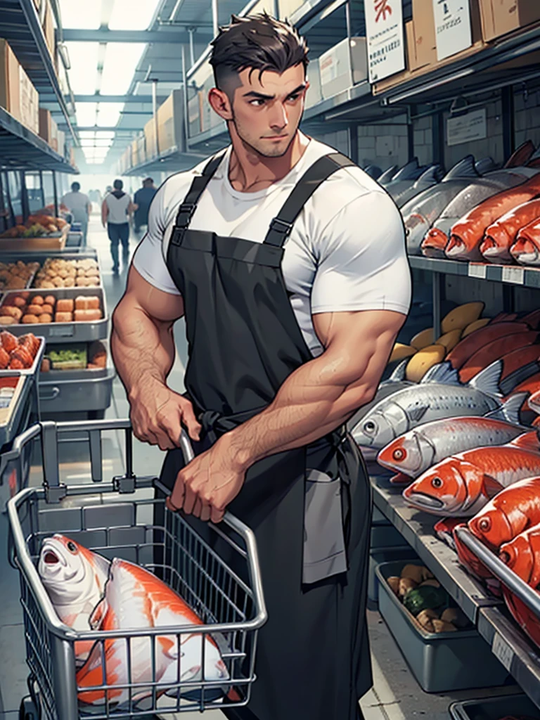 men wear dark gray shining apron over white T-shirt plushing a trolley, muscular and handsome,fish market