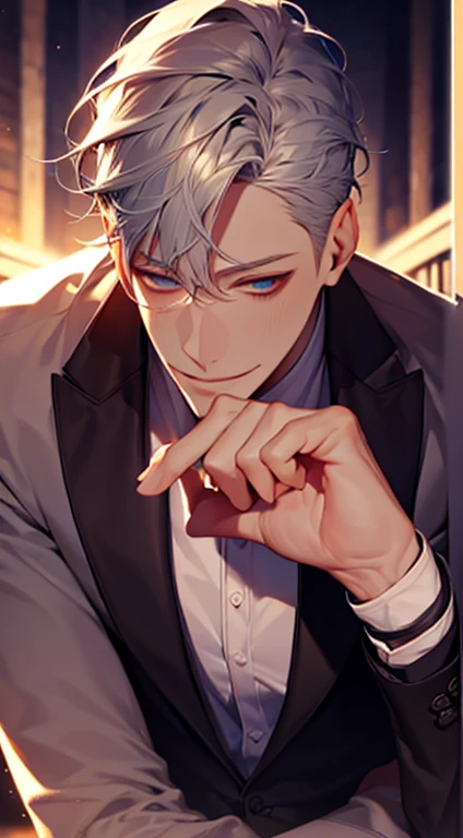 (best quality,4k,8k,highres,masterpiece:1.2),ultra-detailed,(realistic,photorealistic,photo-realistic:1.37),1 man,31 years old,mature man,very handsome,without expression,smile,short silver hair,blue eyes,penetrating gaze,perfect face without errors,imposing posture,businessman,office background,cinematic lighting,hdr image