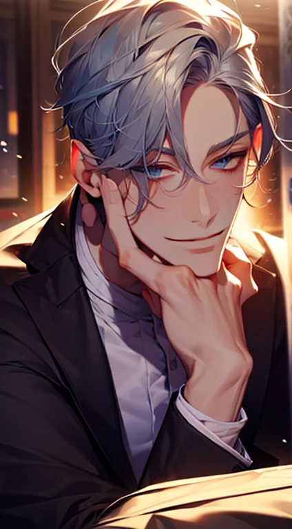 (best quality,4k,8k,highres,masterpiece:1.2),ultra-detailed,(realistic,photorealistic,photo-realistic:1.37),1 man,31 years old,mature man,very handsome,without expression,smile,short silver hair,blue eyes,penetrating gaze,perfect face without errors,imposing posture,businessman,office background,cinematic lighting,hdr image