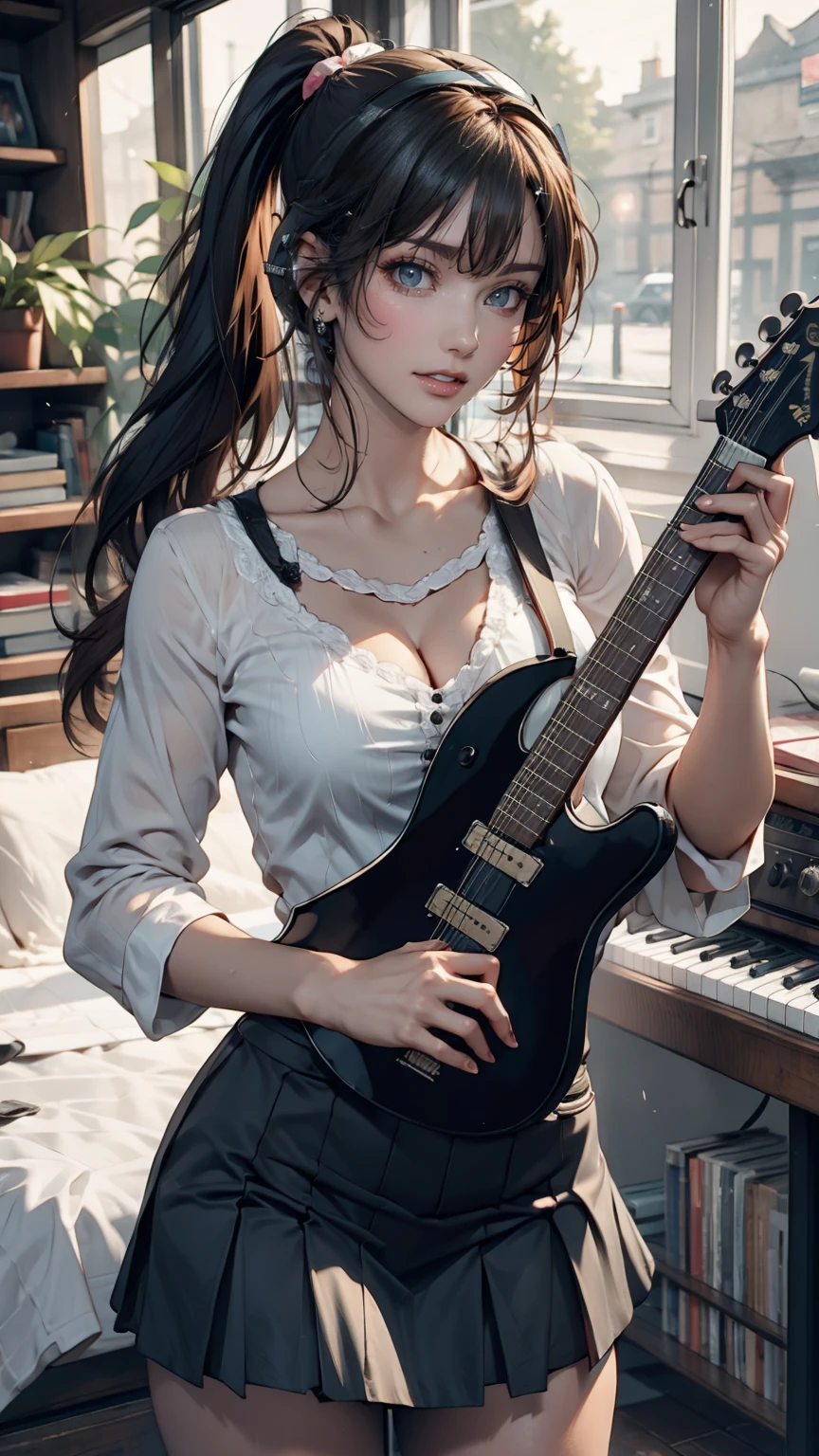 ((masterpiece, Highest quality))One girl, alone, Black Dress, blue eyes, electric guitar, guitar, Headphones, Double Ponytail, Holding, Holding plectrum, musical instrument, Long Hair, music, One side up, Turquoise Hair, Twin tails, guitarを弾く, Pleated skirt, Black Shirt, interior