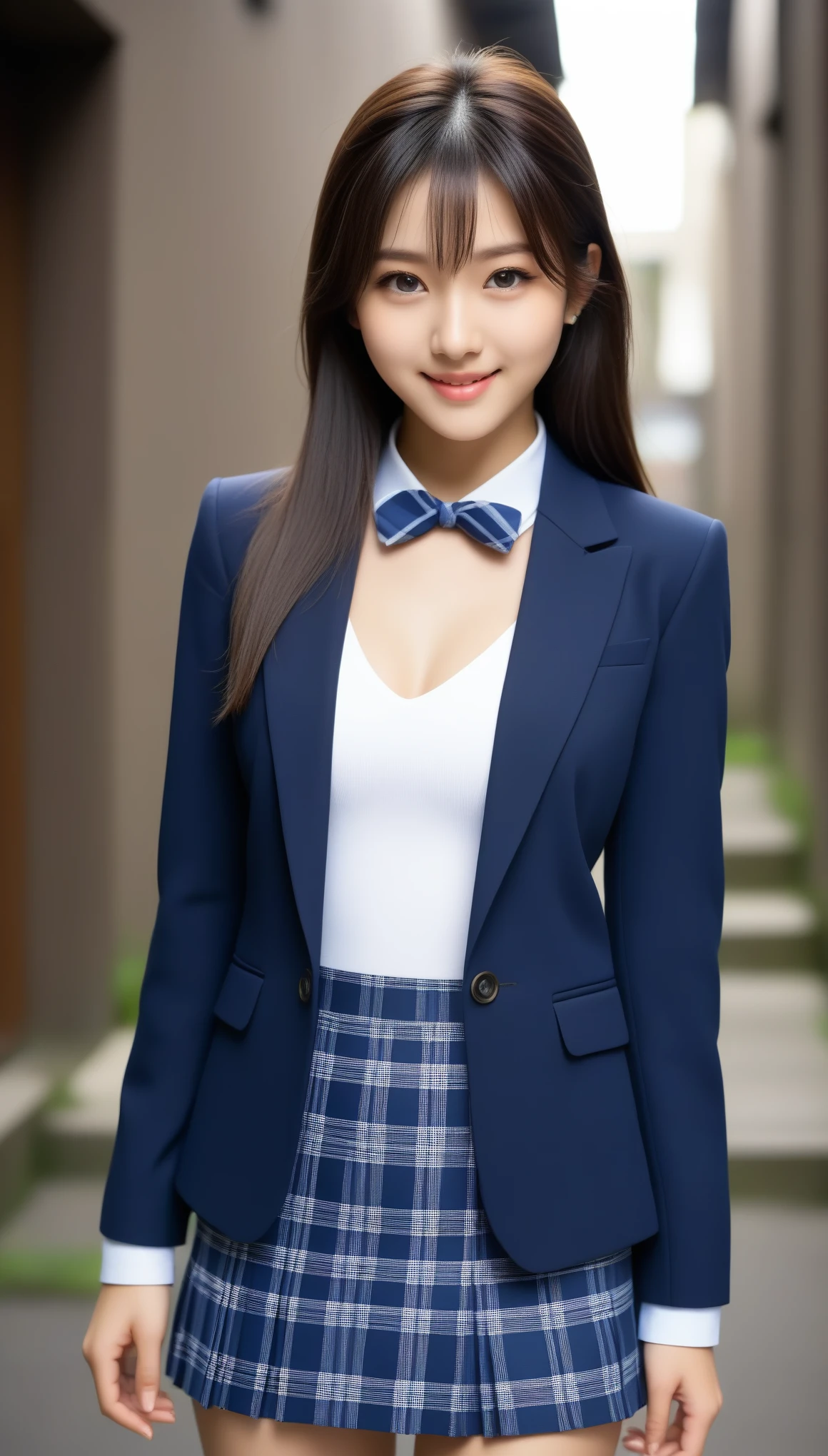 8K, Ultra-high resolution, Highest quality, masterpiece, 三分割法によるphotograph,Surreal, photograph, 1 Girl, (:1.3), pretty girl, Cute face, Beautiful eyes in every detail, 細かくdetailedに,masterpiece,, One Girl:1.2, Japan Female Announcer、Cowboy Shot,((very small head:1.3)),Center-parted bangs,amount,Black Hair,Long Hair,Iris,Gorgeous eyes,smile,((Toned body,Slender body,skinny)),(school uniform、Dark blue blazer jacket、Navy blue tie、Grey plaid pleated mini skirt),Beautiful leg line beauty,Captivating thighs,Glowing Skin,Shiny skin,Climbing the stairs,Fire escape in a building,Full of sex appeal,Sensual,屈託のないsmile,Heal the heart,Low - Angle、beauty,Long neck、Laugh a little、Please close your mouth and laugh、(((Ideal body type))),A cup small breasts :2,、Portraiture:2、Perfect Anatomy、鮮明なdetailed、detailed、Surreal、Light and shadow,Strong light