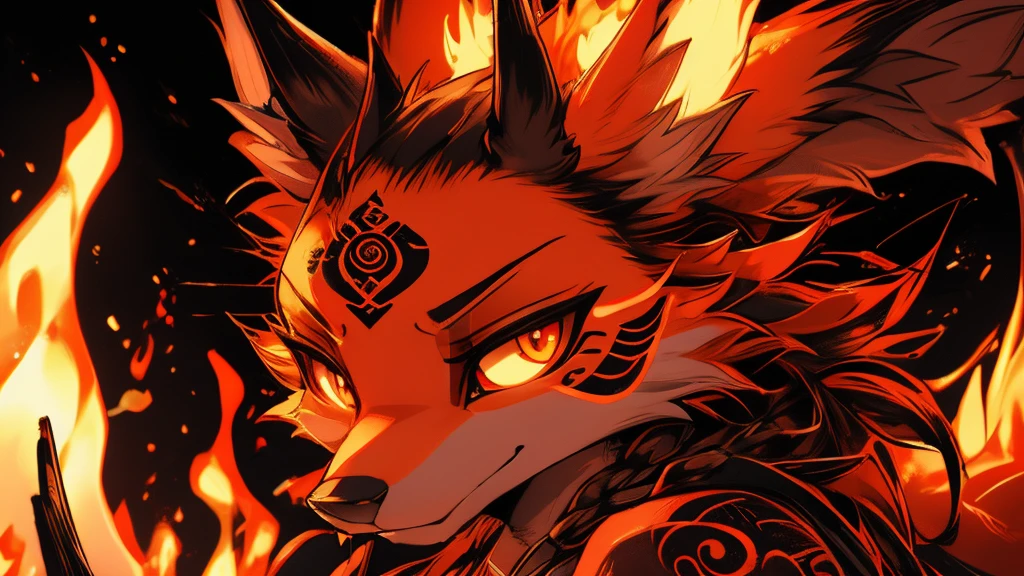 Kitsune 9 tails, add high definition_detail:1, blue fur,kitsune ears, tribal tattoo add_detail:1, in hell add_detail, batwigns add_detail Fer yokai kitsune.