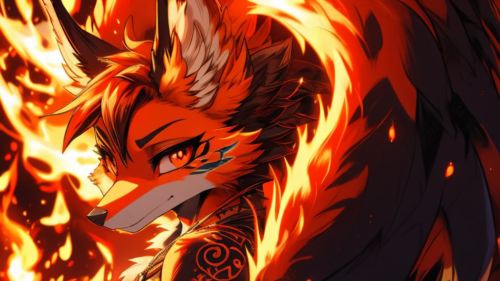 Kitsune 9 tails, add high definition_detail:1, blue fur,kitsune ears, tribal tattoo add_detail:1, in hell add_detail, batwigns add_detail Fer yokai kitsune.