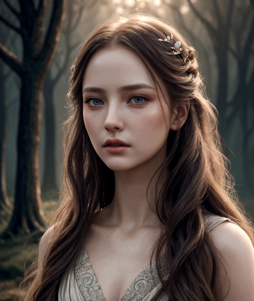 1 girl, cinematic, intricate detailed face, detailed eyes, detailed lips, porcelain skin, flowing hair, elegant dress, serene expression, dramatic lighting, cinematic atmosphere, fantasy landscape, magical realism, vivid colors, high quality, photo-realistic, 8k