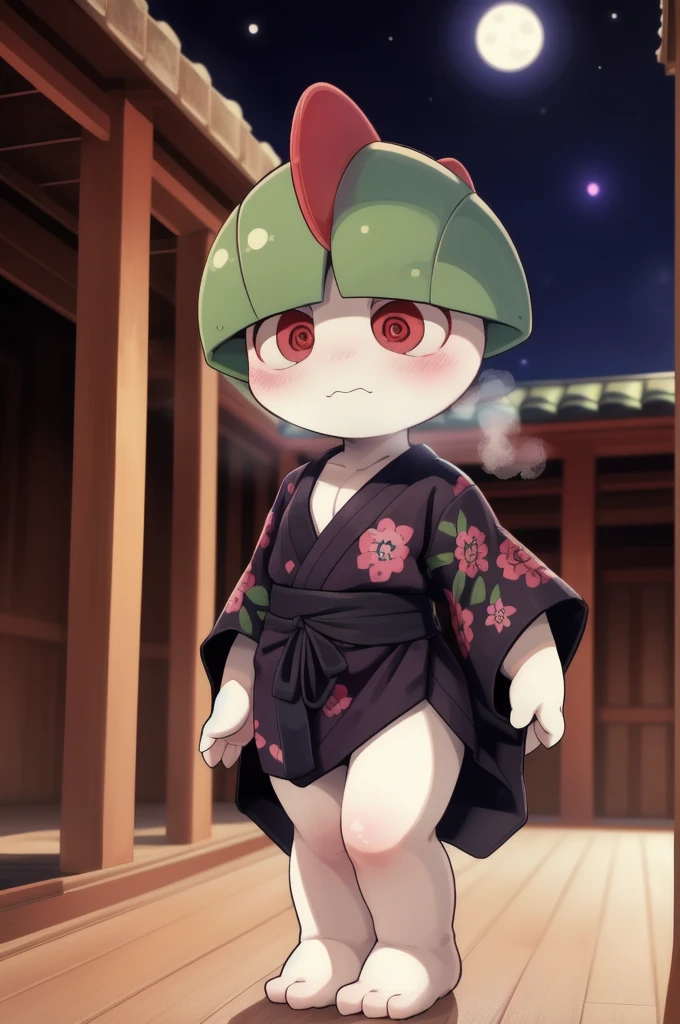 solo, kemono, art by dagasi, (toddler:1.1), beautiful girl, Uploaded to e621.net, (Pixelsketcher), (wamudraws), (masterpiece), (HD), (high res), (feet visible), (anthro), (detailed thin fur), (detailed shading), (beautiful render art), anthro Ralts, (toddler Ralts), (hair covering eyes:1.2), red eyes, glowing eyes, neon eyes, hair at nose length, (white thin fur), [(slim figure, flat chest, skinny)], (curvy hips), (beautiful legs), (really dark night:1.5), [zero lighting], northern lights in the background, (wearing a black kimono with red:1.5), full face blush, heavy breath, shy expression, Ralts, posing in a buddhist temple