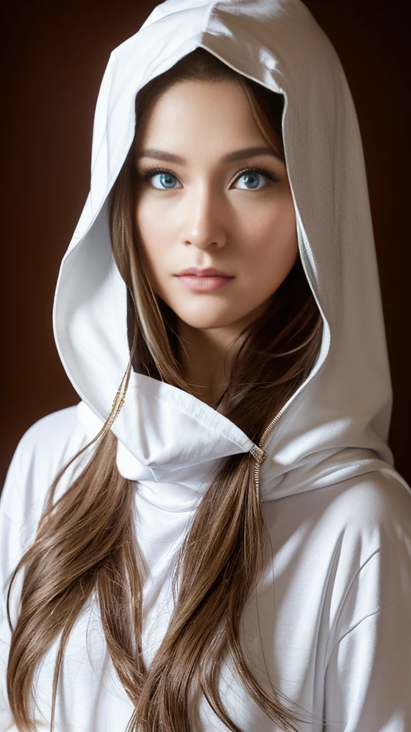 Full body shot of Princess Zelda, Brown hair, blue eyes, Dressed as an Assassin from Assassin's Creed, in white+White mask on gold、Gold details at hood, XL Bust, Using the Wrist Blade. Background: Renaissance city. unreal enginee 5, アニメ, アニメ style, masutepiece, well-drawn eyes, Well-drawn face, well detailed eyes, Well detailed face, 8K, Light and shadow effects.