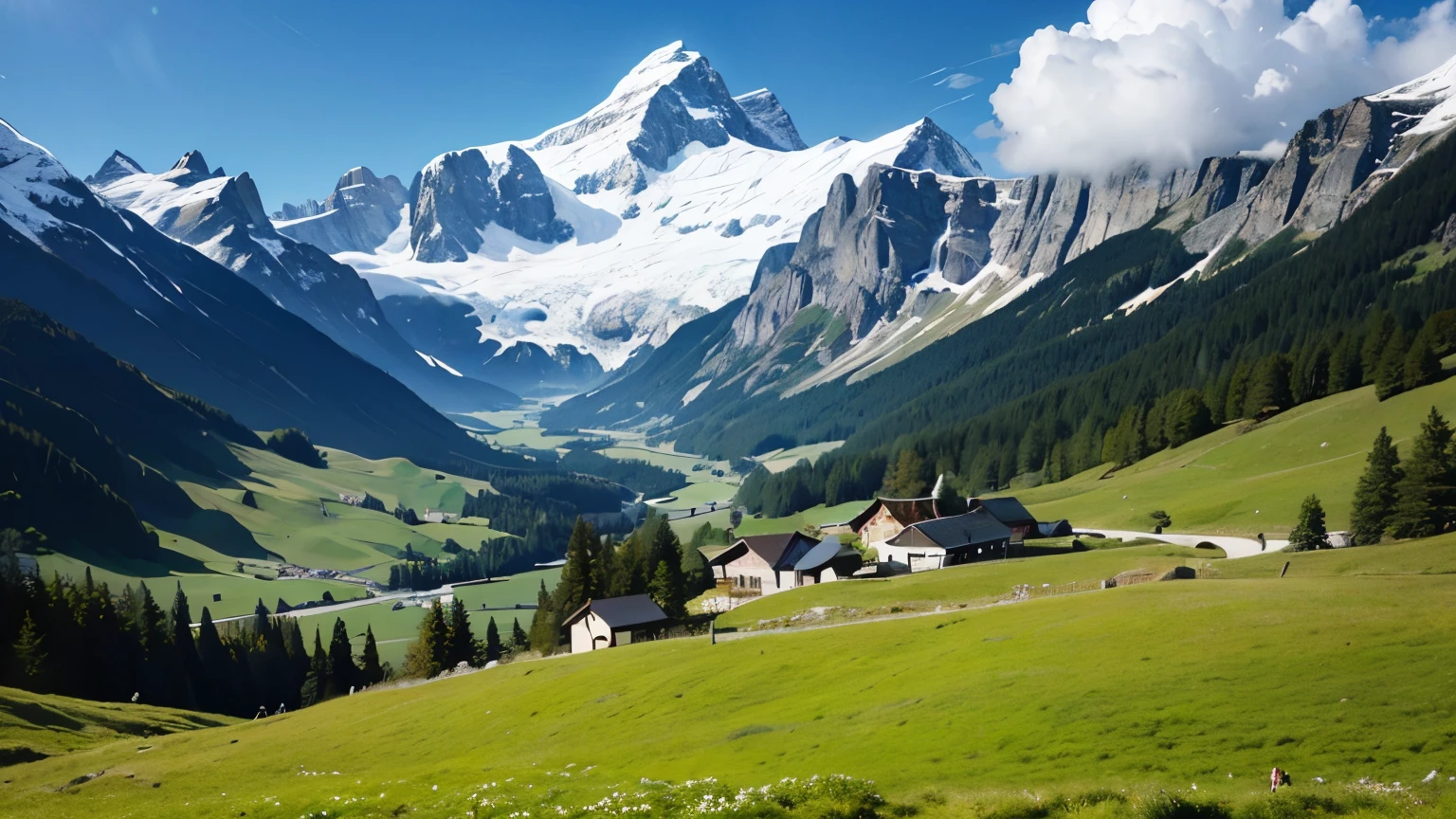masterpiece, high land, Swiss Alps, Ranch, daytime