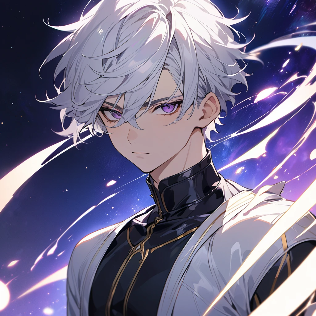 High quality, HD, 4k, no shadows, handsome male, 1male, 17 years old, teenager, golden lining, short white hair, sharp eyes, dark purple eyes, deep purple eyes, devil may cry, close up, calm expression, stoic expression, black leather clothes, white leather clothing, lean body, well trained body, upper body, looking at viewer, cowboy shot, white solar, space background