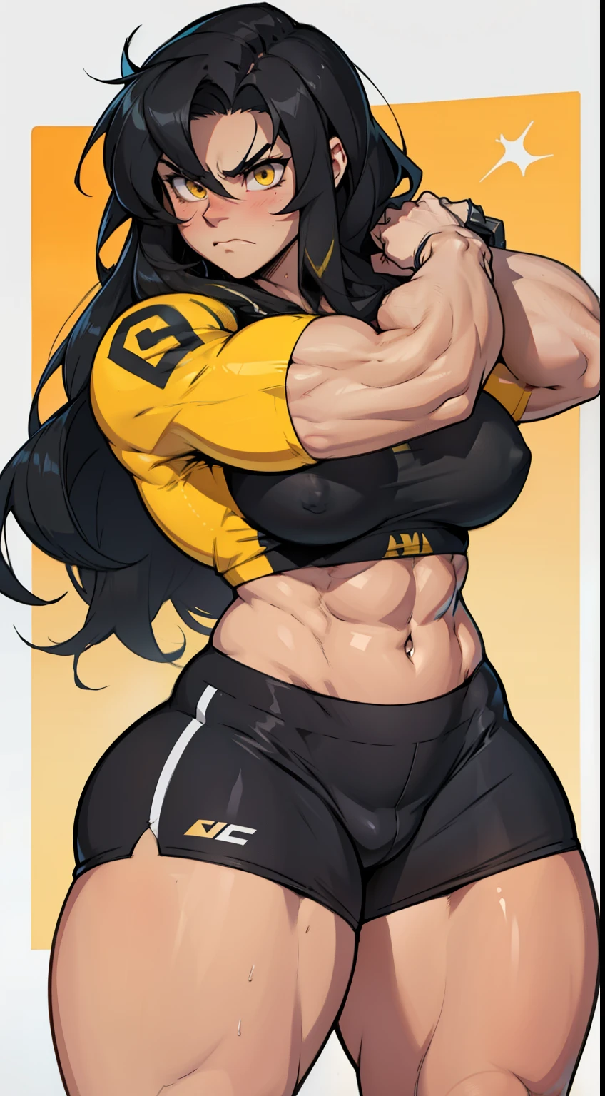 1girl solo black hair yellow eyes very long hair pale skin muscular muscular muscular muscular toned body huge muscles thick thighs girl tight clothes angry blushing messy hair thick thick thick thick thick thick