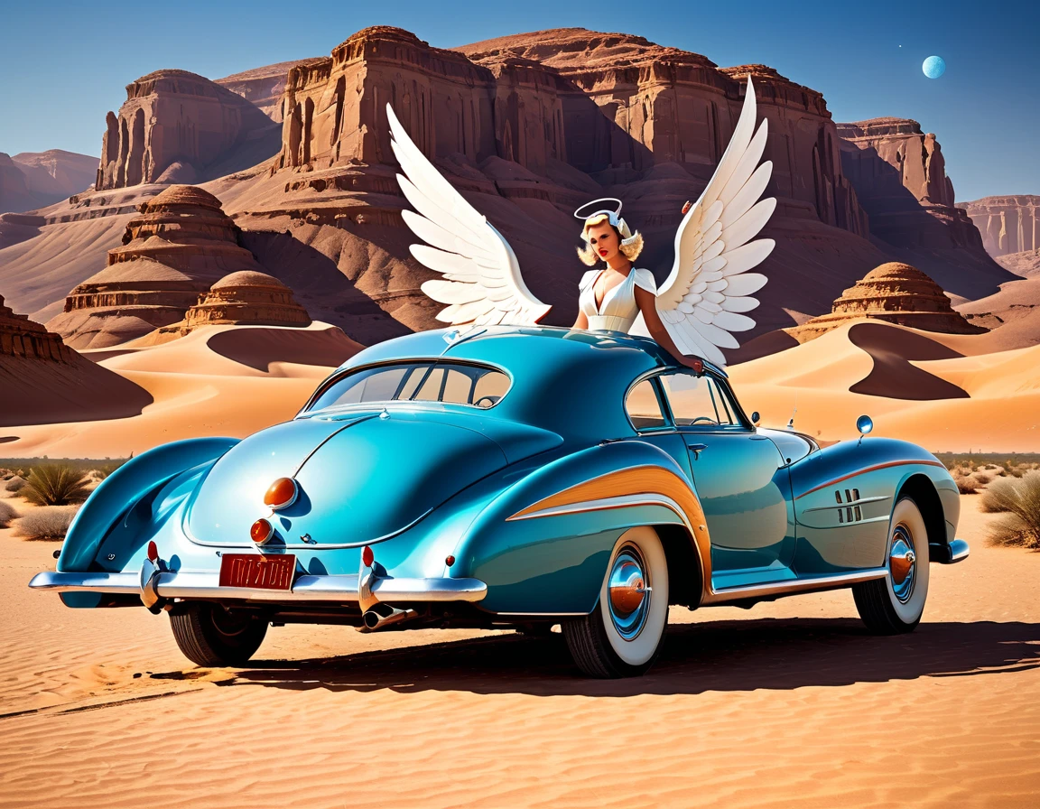 A 1950s-style angel with retro-futuristic wings and attire, leaning against a classic celestial vehicle in a retro-themed desert.