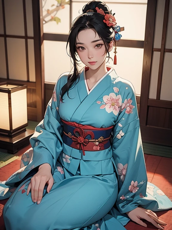 (Highest quality、masterpiece、High resolution、8K)、Ukiyo-e、Vibrant colors、Utamaro、Edo Period、Flowers of Yoshiwara、1 flower kui、whole body、Japanese-style room、It is a tatami room.、There is a candle light、Utamaroの絵のモデル、The courtesan&#39;s hair is black and beautiful、Decoration、The kimono is white with red floral patterns、Sitting、Sitting sideways、The kimono has been flipped up, exposing some bare skin.、One hand is holding a fan open、Details of the model&#39;s gestures and facial expressions、Official Art、Detailed CG、