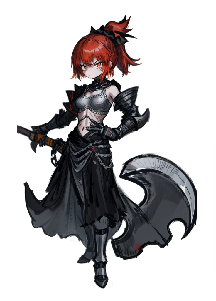 1girl, orenge eyes, red hair, chain mail, ponytail, nice clothes, (high resolution, high detail, best quality),
black background, angry, axe,small breasts