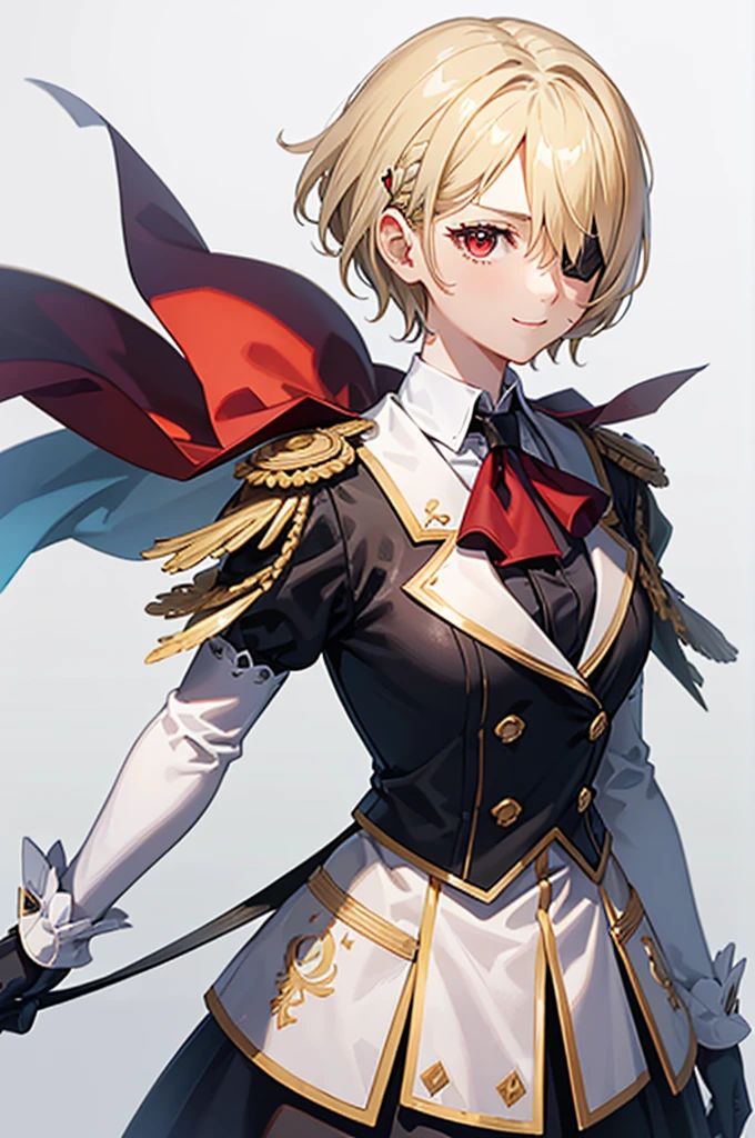 1 person, mature, Butler,, count, viscount, Victorian era,(Barrette)、(((Hair on one eye)))、(((Blonde short hair))),(Red eyes)、smile、 suit, coat,  White gloves, Gold and red design, Black Shirt, No background, Absurd, High resolution, Super sharp, 8K, masterpiece, View your viewers, Are standing, No background, No background, White Background