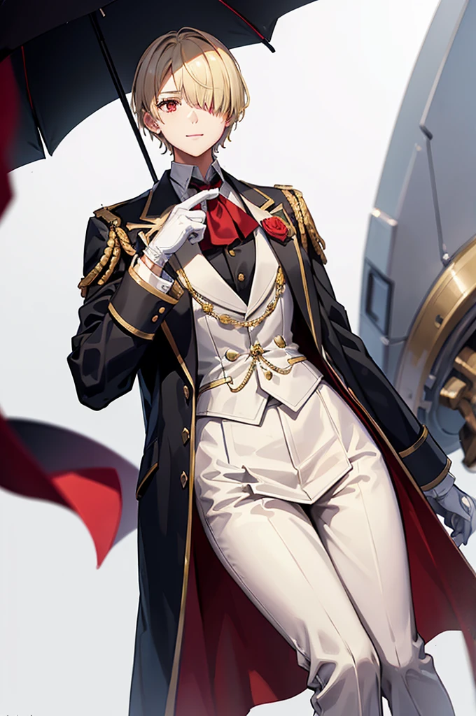 1 person, mature, Butler,, count, viscount, Victorian era,(Barrette)、(((Hair on one eye)))、(((Blonde short hair))),(Red eyes)、smile、 suit, coat,  White gloves, Gold and red design, Black Shirt, No background, Absurd, High resolution, Super sharp, 8K, masterpiece, View your viewers, Are standing, No background, No background, White Background