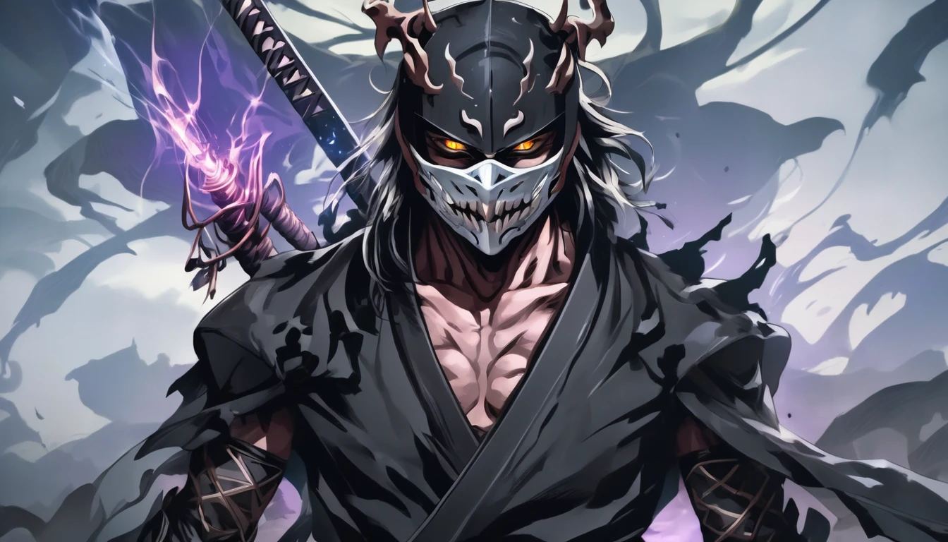 ninja mask, cape,close up, black heavy detailed clothes, katana, art, dark and malevolent, hand sword, armor, powerful and intimidating, (masterpiece, best quality, ultra-detailed, best shadow), (detailed background, dark fantasy) dramatic light, intricate details, dark and malevolent, powerful and intimidating, Dark and foreboding, malevolent force, sinister and chilling, armor, high detailed background, girl in demon slayer art, demon slayer art style, epic anime art, God death
