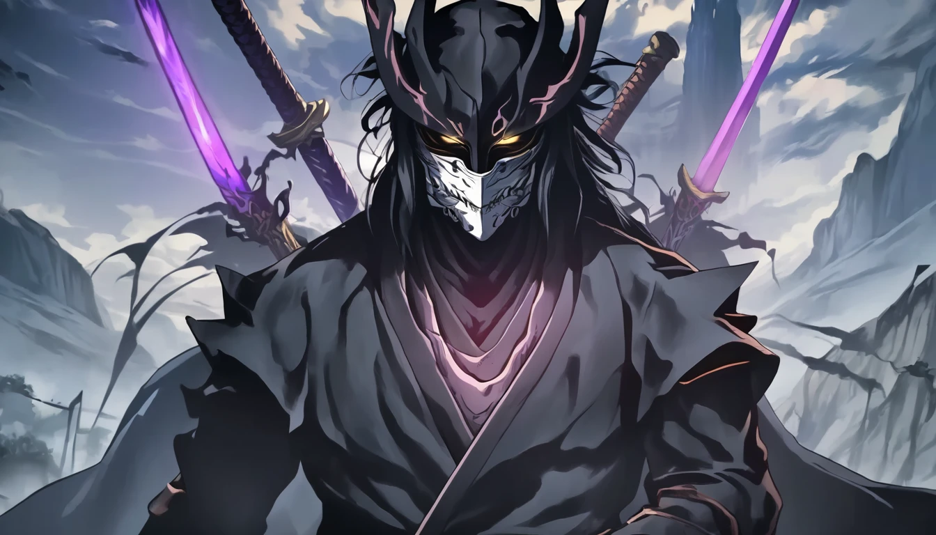 ninja mask, cape,close up, black heavy detailed clothes, katana, art, dark and malevolent, hand sword, armor, powerful and intimidating, (masterpiece, best quality, ultra-detailed, best shadow), (detailed background, dark fantasy) dramatic light, intricate details, dark and malevolent, powerful and intimidating, Dark and foreboding, malevolent force, sinister and chilling, armor, high detailed background, girl in demon slayer art, demon slayer art style, epic anime art, God death