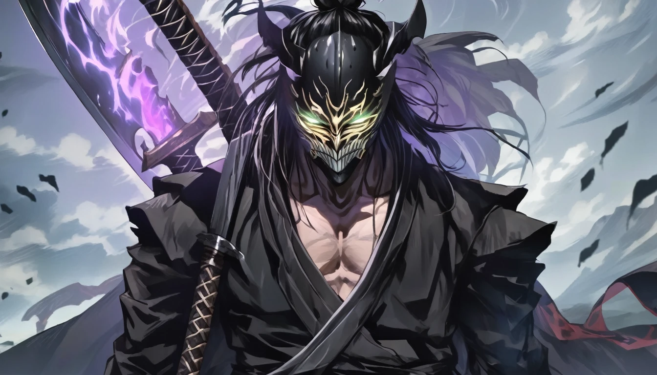 ninja mask, cape,close up, black heavy detailed clothes, katana, art, dark and malevolent, hand sword, armor, powerful and intimidating, (masterpiece, best quality, ultra-detailed, best shadow), (detailed background, dark fantasy) dramatic light, intricate details, dark and malevolent, powerful and intimidating, Dark and foreboding, malevolent force, sinister and chilling, armor, high detailed background, girl in demon slayer art, demon slayer art style, epic anime art, God death