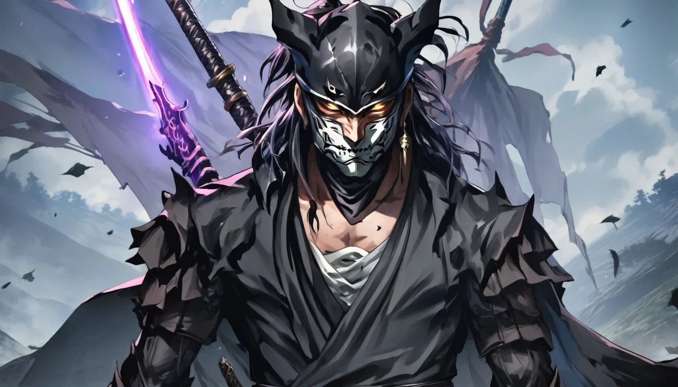 ninja mask, cape,close up, black heavy detailed clothes, katana, art, dark and malevolent, hand sword, armor, powerful and intimidating, (masterpiece, best quality, ultra-detailed, best shadow), (detailed background, dark fantasy) dramatic light, intricate details, dark and malevolent, powerful and intimidating, Dark and foreboding, malevolent force, sinister and chilling, armor, high detailed background, girl in demon slayer art, demon slayer art style, epic anime art, God death