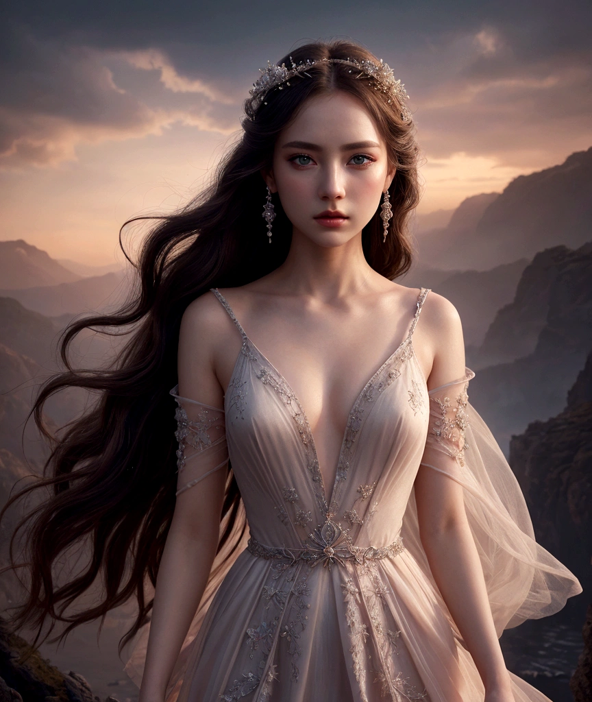1 girl,full body cinematic, intricate detailed face, detailed eyes, detailed lips, porcelain skin, flowing hair, elegant dress, serene expression, dramatic lighting, cinematic atmosphere, fantasy landscape, magical realism, vivid colors, high quality, photo-realistic, 8k