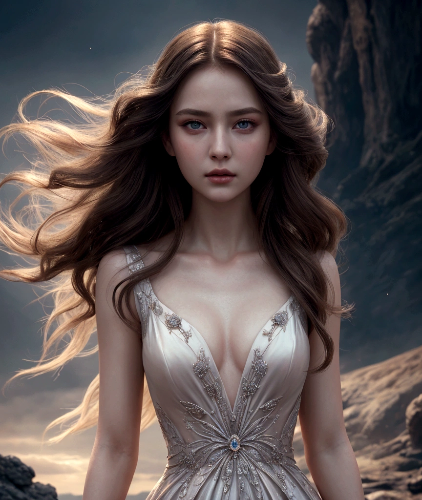1 girl,full body cinematic, intricate detailed face, detailed eyes, detailed lips, porcelain skin, flowing hair, elegant dress, serene expression, dramatic lighting, cinematic atmosphere, fantasy landscape, magical realism, vivid colors, high quality, photo-realistic, 8k