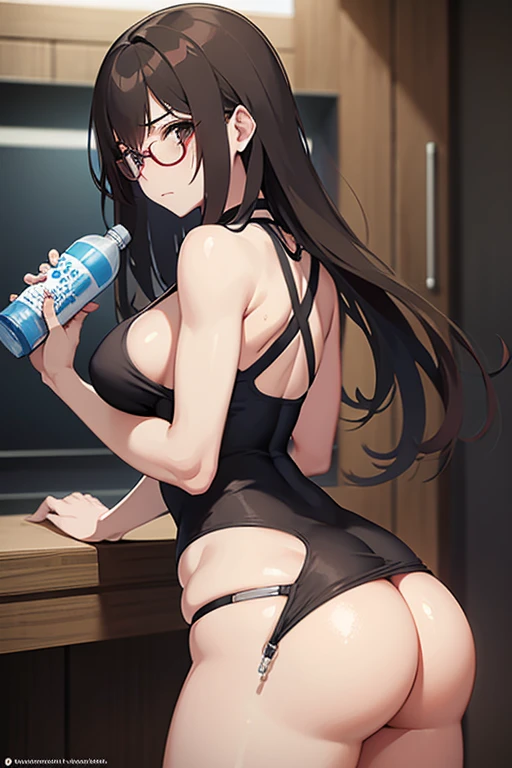 1 anime girl, YOUNG, hips, normal thighs, small ass, tight sweaty leggings, sweat, back view, bare belly, huge bare breasts, gym background, turning to look back, Brown hair, glasses, drinking water, extended left arm, hand grabbing bottle, right hand grabbing a buttock, buttock being grabbed, hand taking buttock, hand squeezing buttock, provocative, blushing, frowning expression, sexy, high quality, by the taken.