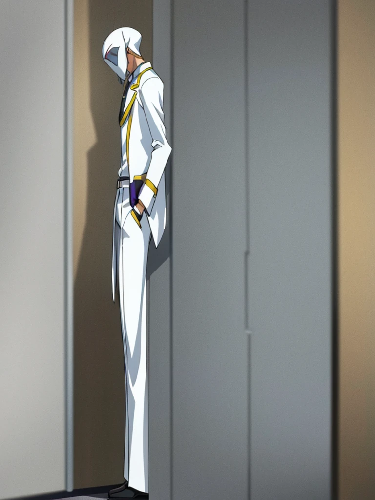 Male, teenager, officer, wearing white and grey clothes, a lapel, and a mask, athletic build, hands in pockets, standing at attention, daytime hall setting, lone figure, facing viewer, fully in frame, full body shot, Code Geass style, codeGeass, CODEGEASS