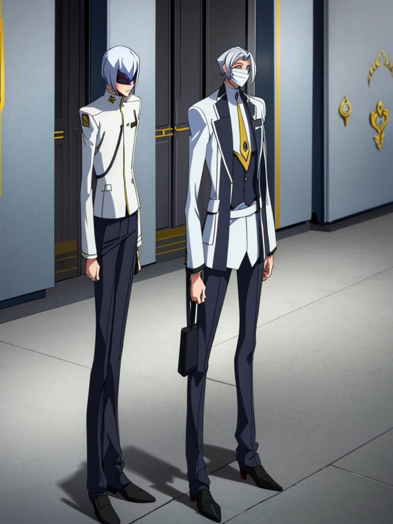 Male, teenager, officer, wearing white and grey clothes, a lapel, and a mask, athletic build, hands in pockets, standing at attention, daytime hall setting, lone figure, facing viewer, fully in frame, full body shot, Code Geass style, codeGeass, CODEGEASS